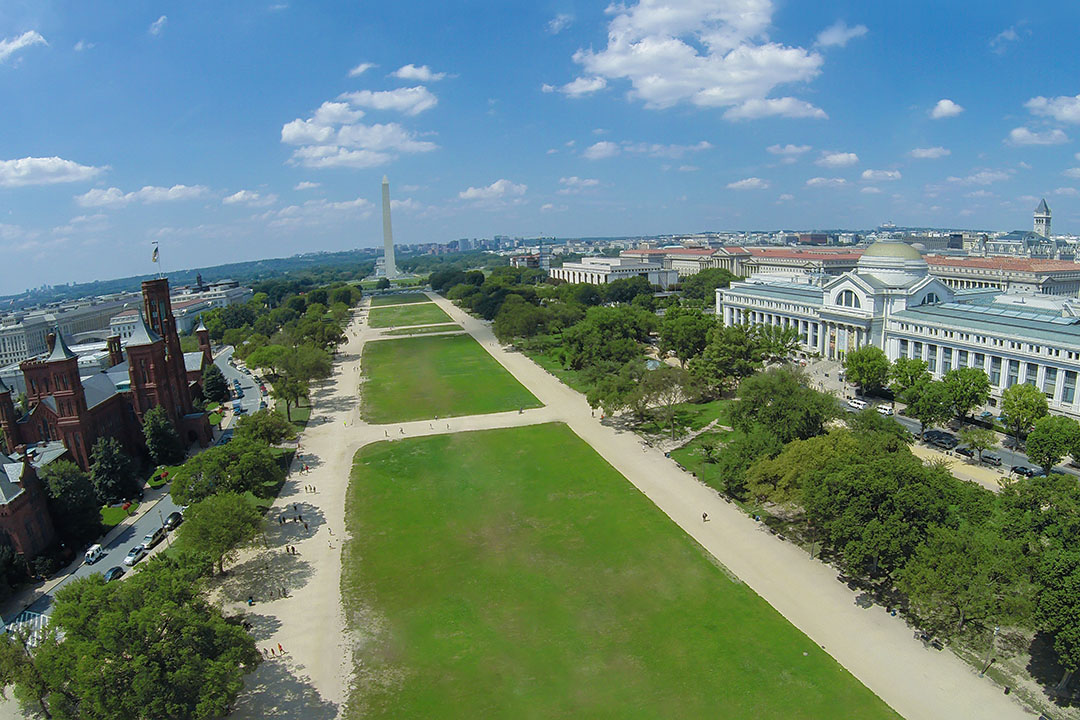 Aerial view of the National Mall on a sunny day